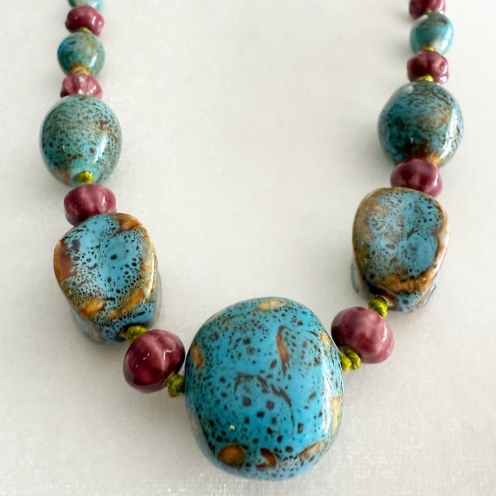 Vintage Artisan Ceramic Bead Statement Necklace Turquoise Speckled 26” Inch - Picture 6 of 15